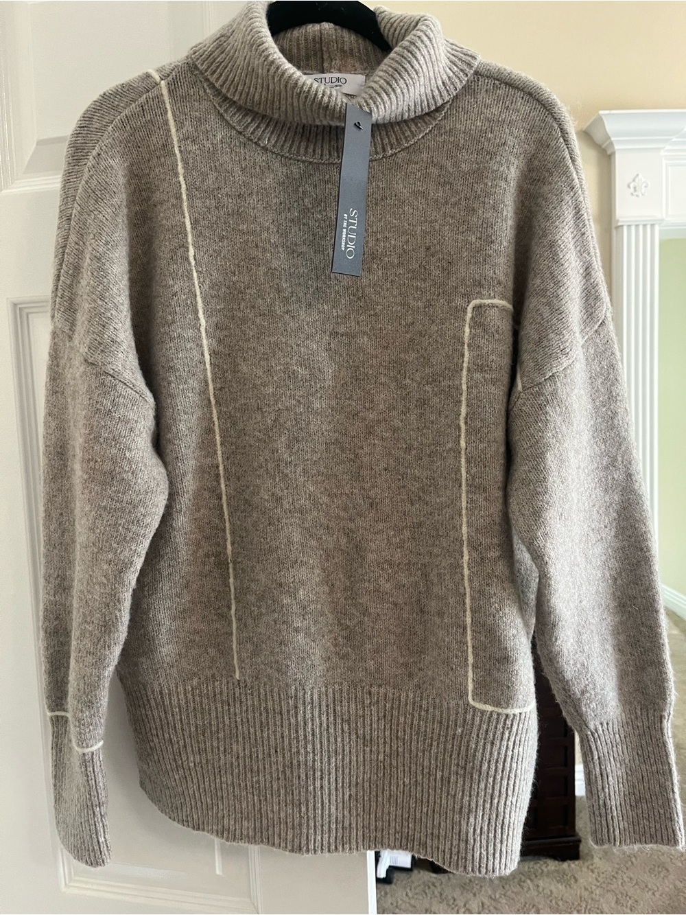 Studio Taupe Contrast-Stitch Turtleneck Sweater
